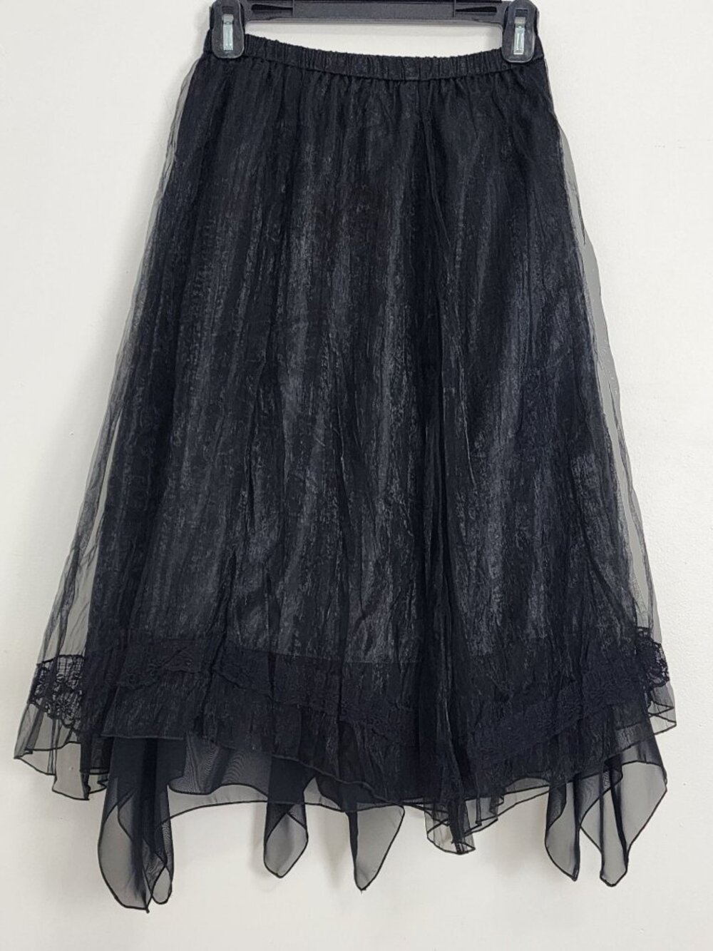 Romantic Black Layered Tulle Midi Skirt Asymmetrical Hem Whimsigoth Lace Trim